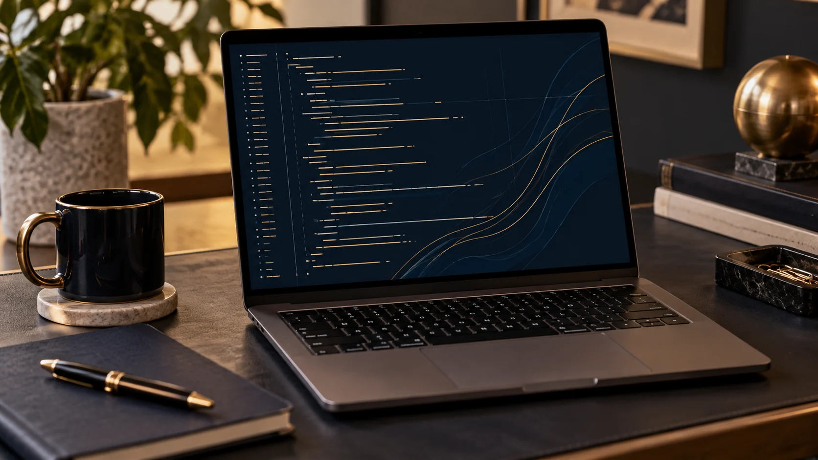Notebook com representação abstrata de código em azul e dourado.