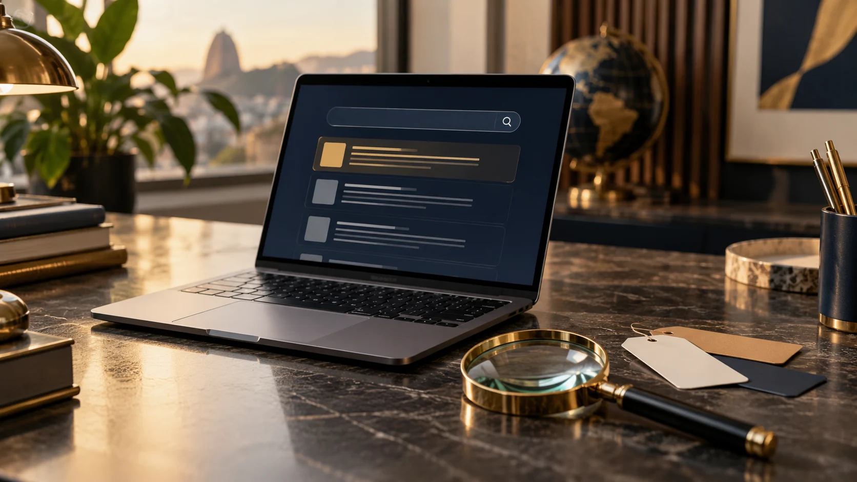 Notebook com interface de pesquisa e lupa sobre uma mesa de trabalho.