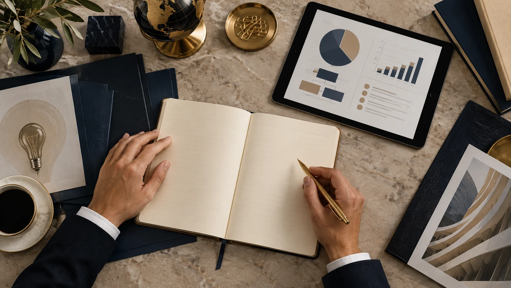 Planejamento empresarial com caderno, pastas e gráficos em um tablet.